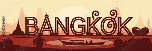 Bangkok cityscape vector illustration with Thai temple silhouettes, Chao Phraya river boats, sunrise, and modern skyline in sunset colors