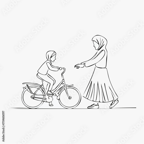 mother teaching daughter bicycling vector illustration for spring renewal
