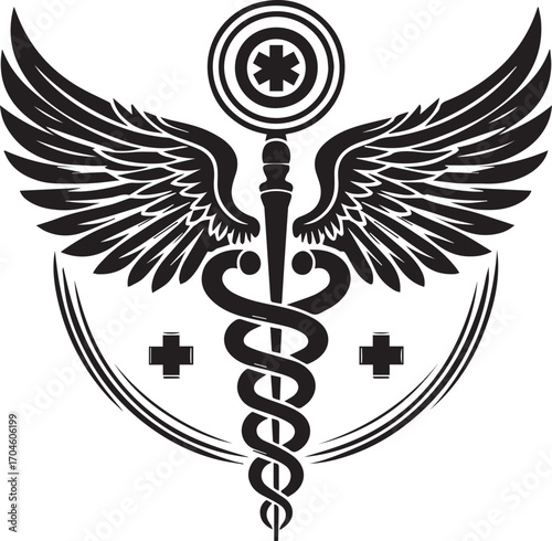 Caduceus Symbol with Star of Life and Crosses within a Circular Design on White Background medical symbol