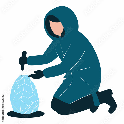 Inuit ice-flower sculptor under gas lamp vector illustration for winter themes