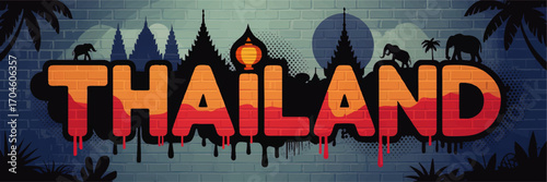 Vibrant Thailand Graffiti Street Art with Temples, Elephants, Palms, and Sunset Colors on Brick Wall Background