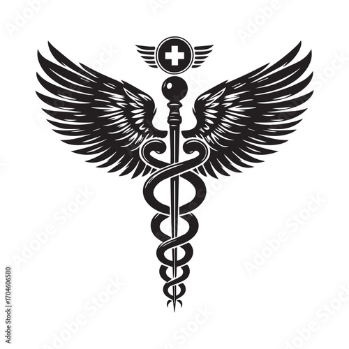 Classic Caduceus Symbol with Wings and a Medical Cross Emblem on White Background medical symbol