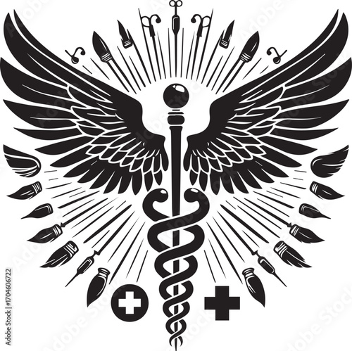 Elaborate Black Caduceus Medical Symbol with Wings and Surgical Instruments on White Background