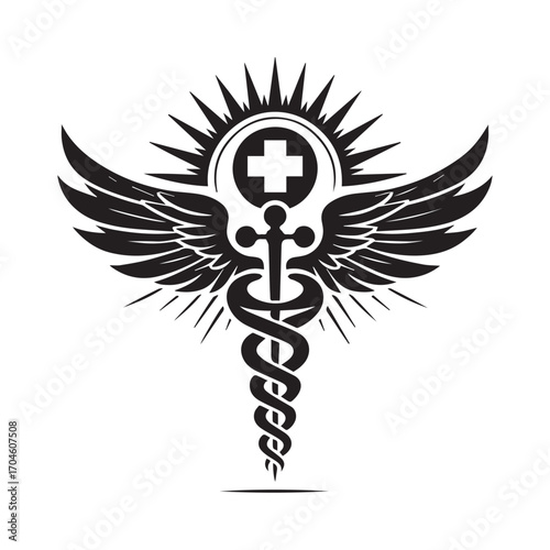 Ornate Caduceus Symbol with Radiant Sunburst and Wings on White Background Keywords: caduceus, medical symbol, healthcare, medicine, doctor, nurse, hospital, clinic, wings, sunburst, rays, cross