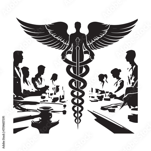 Silhouette of people in a meeting around a table with a large caduceus symbol overhead conference