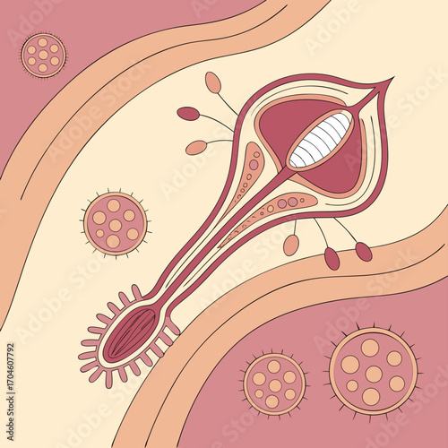 Abstract Scientific Representation of a Virus Artistic Illustration of a Viral Organism and Cells Stylized Diagram of a Virus Infecting a Host Cell Conceptual Medical Illustration of a Pathogen