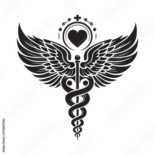 Stylized Caduceus with Wings and a Heart Symbol at the Apex medical symbol healthcare