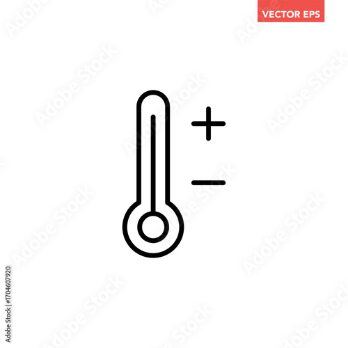 Black single warm weather thermometer line icon, simple flat design vector pictogram, infographic vector for app logo web website button banner ui ux interface elements isolated on white background