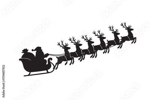 Vector simple silhouette of Santa’s sleigh flying with reindeer on Christmas night, drawn in black and white with bold outlines for festive artwork.