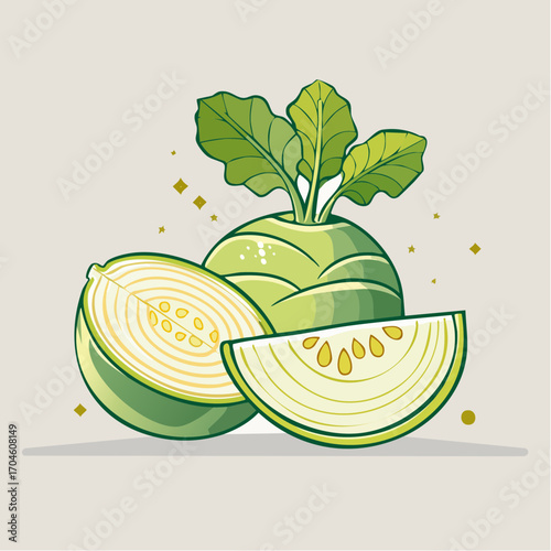Fresh kohlrabi vegetable illustration showing the whole bulb, a cross-section half, and a single slice, perfect for healthy eating concepts