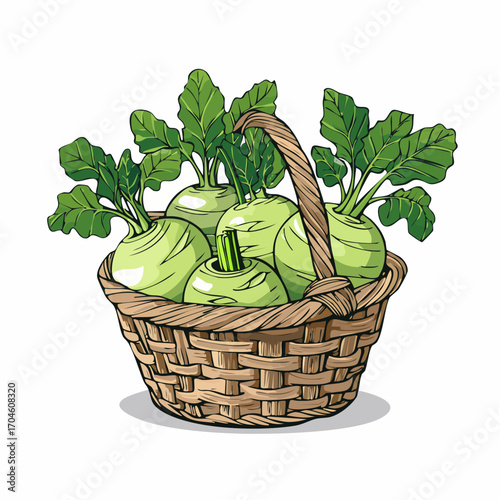 Hand-drawn illustration of a rustic wicker basket filled with fresh kohlrabi vegetables. Concept of farm-to-table organic produce and healthy eating