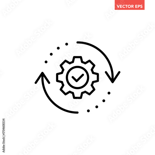 Black single round gear update confiremed line icon, simple cogwheel process flat design vector pictogram, infographic interface elements for app logo web button ui isolated on white background
