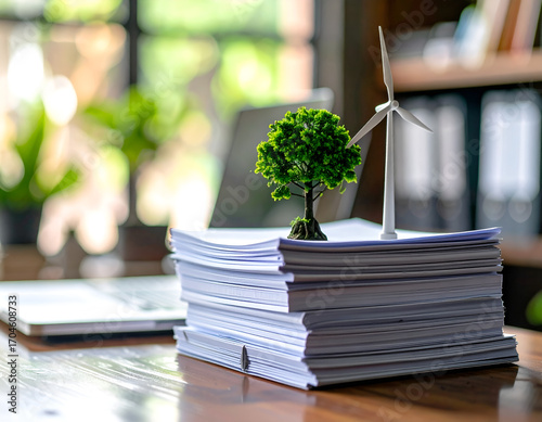 An office desk with a miniature wind turbine on a stack of books, symbolizing a green business, sustainable energy, and corporate responsibility. Generative AI