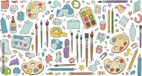 Art Supplies Doodle Illustration on White Background