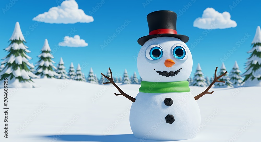 Obraz premium Cartoon snowman in winter scene