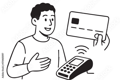 Vector illustration of a man making payment with debit card, drawn in black and white with bold outlines, perfect for posters, icons, or graphics.