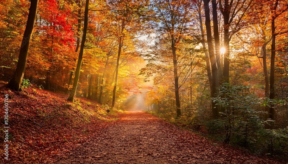 Fototapeta premium Autumn Walk Through A Serene Forest Path Tranquil Nature Setting Vibrant Fall Foliage Morning Light