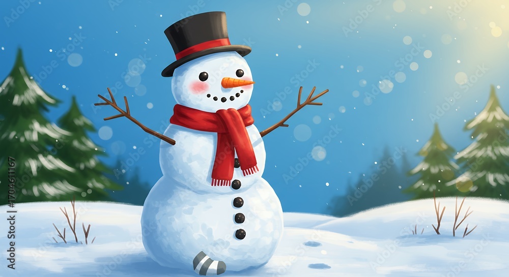 Fototapeta premium Happy snowman winter scene