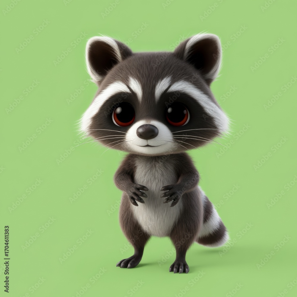 Obraz premium A digitally rendered, adorable cartoon raccoon with large, dark eyes and fluffy fur stands upright against a plain light green background, looking directly forward