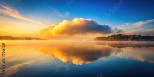 Serene dawn mist over calm water reflecting golden sunrise clouds and distant trees