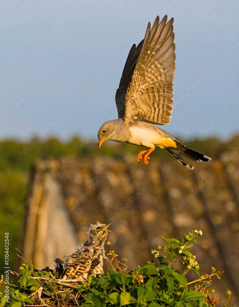 Fototapeta premium Bird Feeding Chick in Nest Near Rustic Rooftop