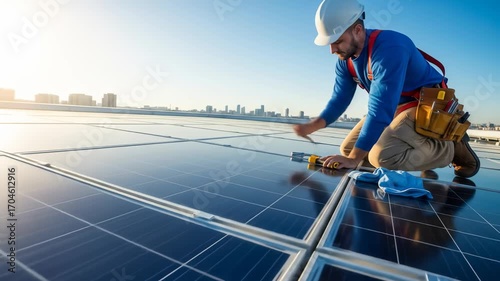 Renewable energy technician installing solar panel system on rooftop beneath clear blue sky with safety gear, demonstrating electrical work amidst city skyline for sustainable building practices