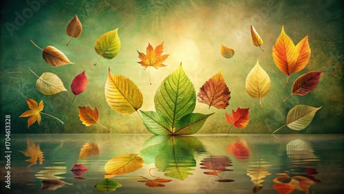 Autumnal Leaves Dance on Calm Water's Surface, Mirroring Nature's Beauty in a Serene Fall Scene