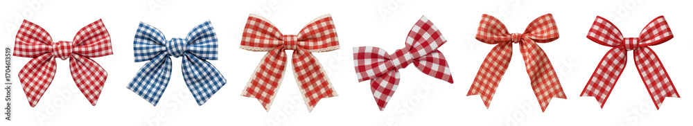 Obraz premium Gingham bow set including red and blue colors, various ribbon widths and tied styles isolated. Decorative craft and gift elements.