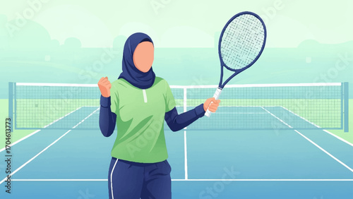 Flat vector illustration in modern style with soft gradients, fresh green and blue tones, showing tennis players celebrating together after winning a point.
