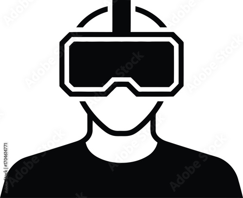 Stylized black and white icon of a person wearing a virtual reality headset