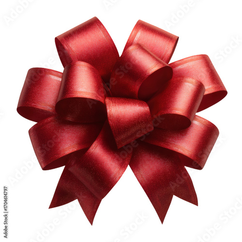 Luxurious red satin ribbon bow with glitter sparkle for festive gift wrapping and decorations