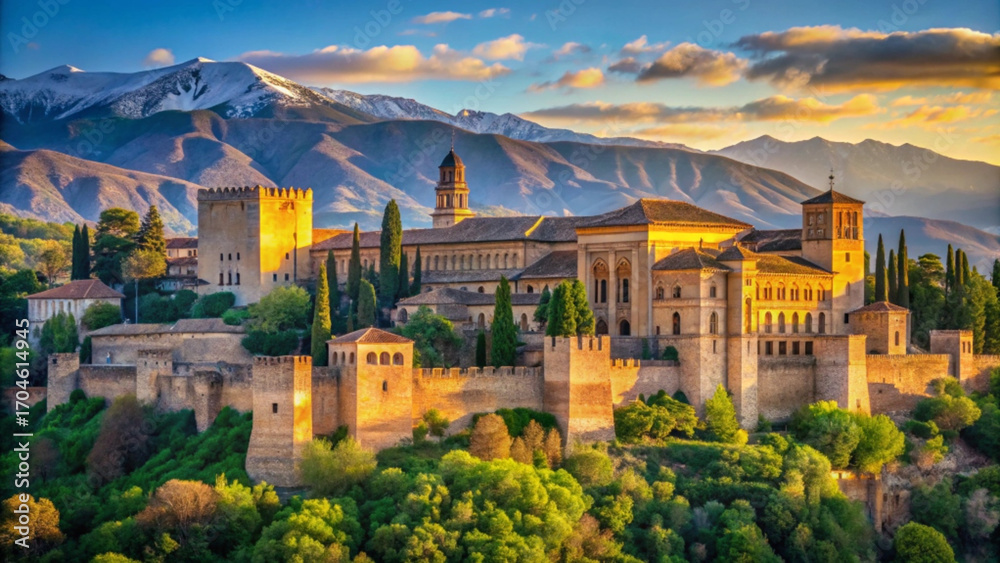 Obraz premium ancient fortress glowing under golden sunset light against snowy mountains