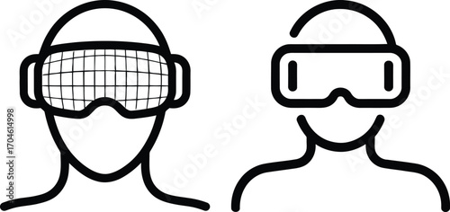 Two stylized heads wearing virtual reality headsets in a simple line art style