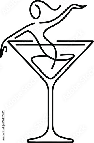 Abstract line art of a woman dancing inside a martini glass
