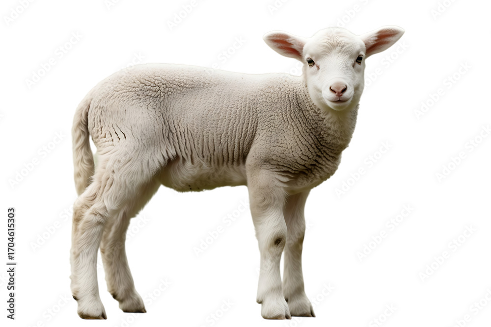 Fototapeta premium A fluffy white lamb standing , facing the camera sheep animal Cutout PNG isolated on a transparent background