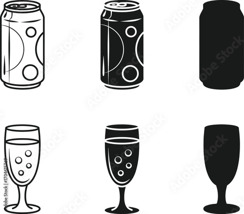 Set of hand drawn beverage cans and champagne glasses in outline and silhouette