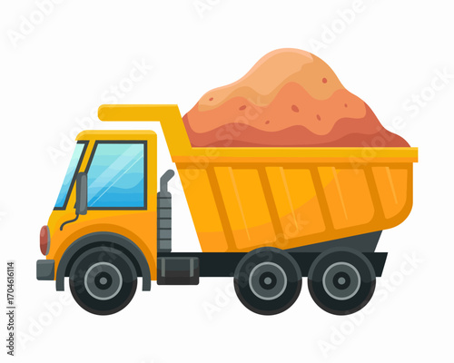 This illustration shows a yellow dump truck loaded with reddish earth, symbolizing construction activities and the transportation of materials for building projects and renovations.