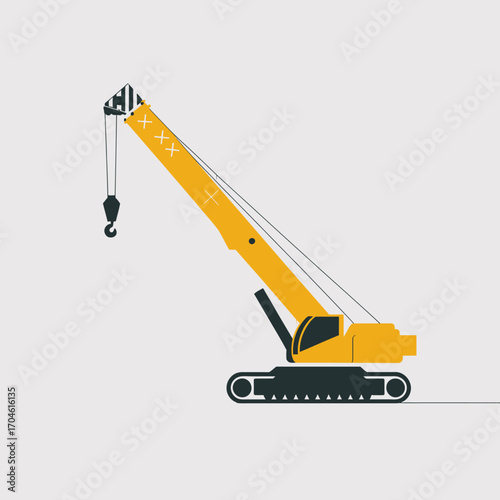 A detailed illustration of a heavy construction crane showcasing its features, set within a dynamic industrial environment, perfect for commercial usage or construction themes.