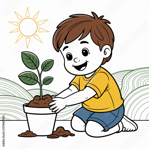 A cheerful child kneeling in a garden, joyfully watering a small plant in a pot, showcasing the importance of nurturing nature and enjoying the outdoors under the sun.