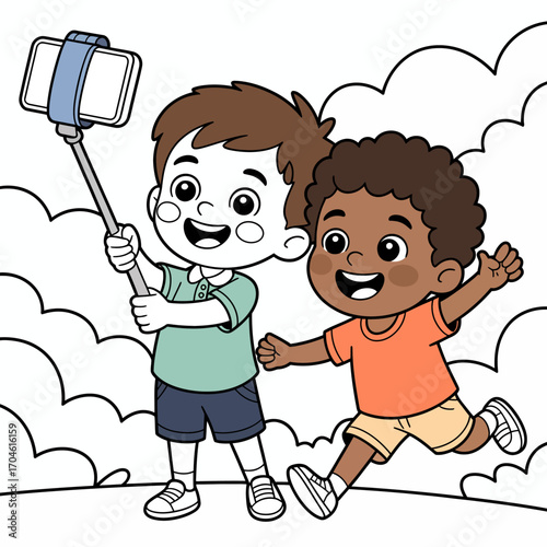 This playful image captures two children joyfully taking selfies together, highlighting friendship and the fun of shared experiences in an outdoor setting.
