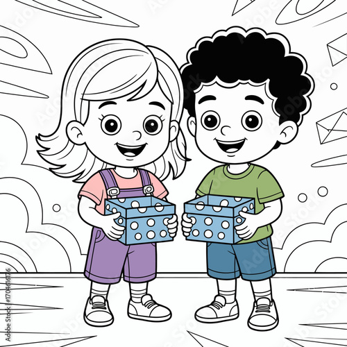 Two cheerful children are joyfully holding colorful gift boxes, showcasing their excitement and friendship in a bright and playful atmosphere filled with fun elements.