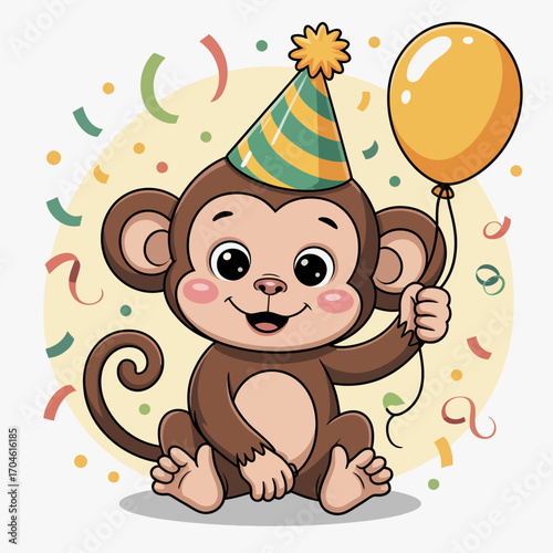This delightful illustration features a mischievous monkey adorned with a party hat, joyfully holding a yellow balloon, perfectly capturing the essence of childhood celebration.