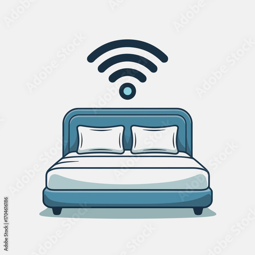 This image features a modern bed design with a prominent Wi-Fi symbol overhead, indicating the integration of technology and comfort in contemporary living spaces.