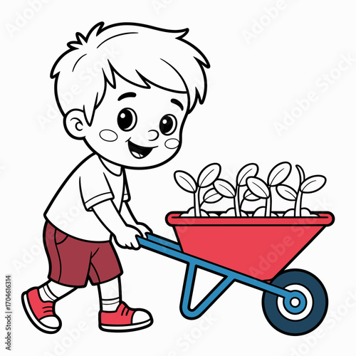 This charming illustration showcases a young boy delightedly pushing a bright wheelbarrow of growing plants, embodying the innocence of childhood and the wonders of gardening.