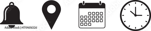Notification Bell, Location Pointer, Calendar, and Clock Icons on White