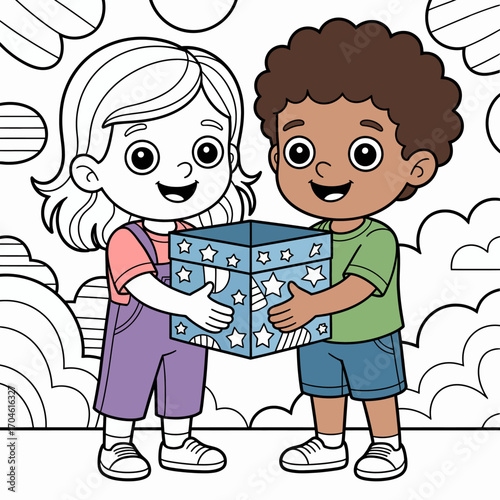 A boy and a girl are excitedly sharing a starry gift box, embodying the spirit of friendship and curiosity in a whimsical, colorful, and imaginative setting.
