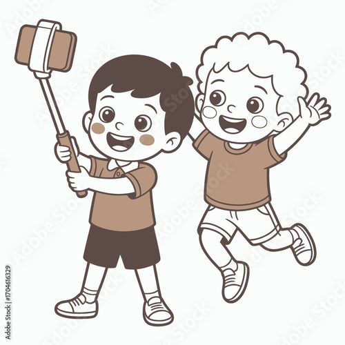 A cheerful depiction of two kids capturing joyful moments using a selfie stick, symbolizing childhood innocence, friendship, and the joy of exploring together.