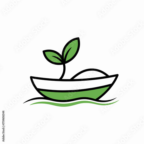 This image depicts a stylized boat with a thriving green plant, symbolizing eco-friendliness and sustainability, representing the harmony between nature and human innovation.