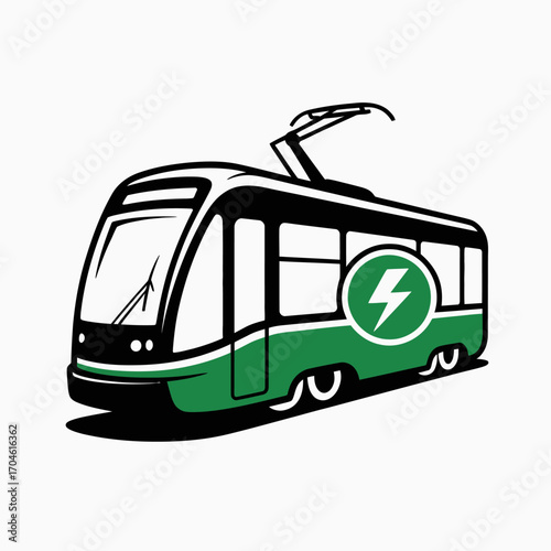A sleek electric tram featuring distinct green accents and a modern design, showcasing the blend of technology and eco-friendly transportation.