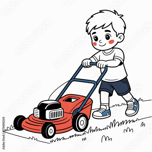 A young child pushes a red lawn mower down a grassy path, happily engaging in lawn care, illustrating childhood joy and simple pleasures of life.
